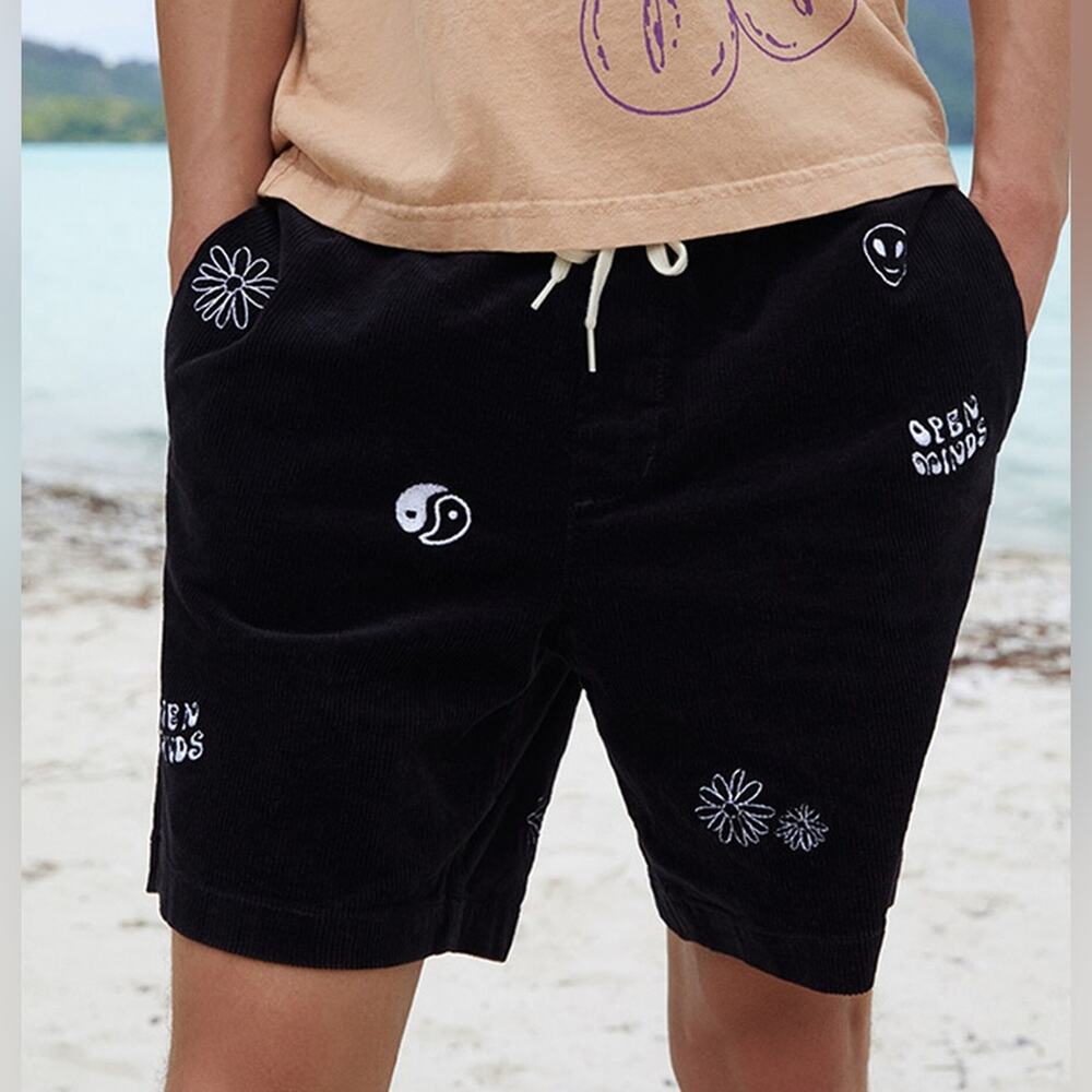 UEC PACSUN BLACK EMBROIDERED CORDUROY VOLLEY SHORTS SZ MED